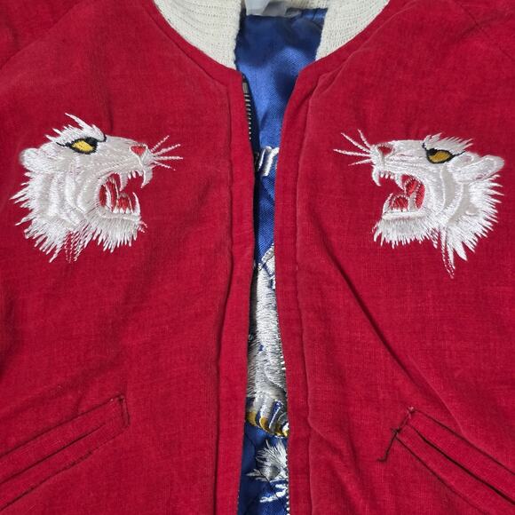 1950s Japan Sukajan Kids Jacket Reversible Red Velvet Blue Satin Tiger Eagle - Picture 3 of 15